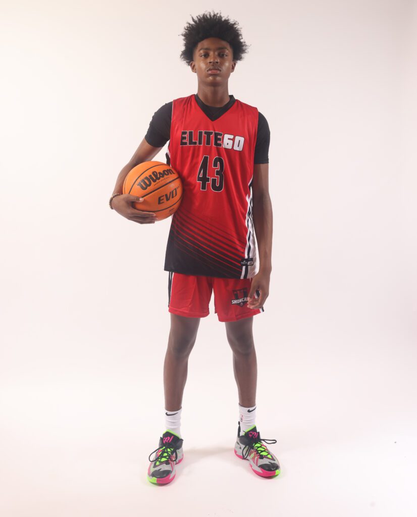 A boy in a red basketball jersey, 13
