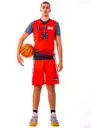 A boy in a red basketball jersey, 56