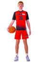 A boy in a red basketball jersey, 36
