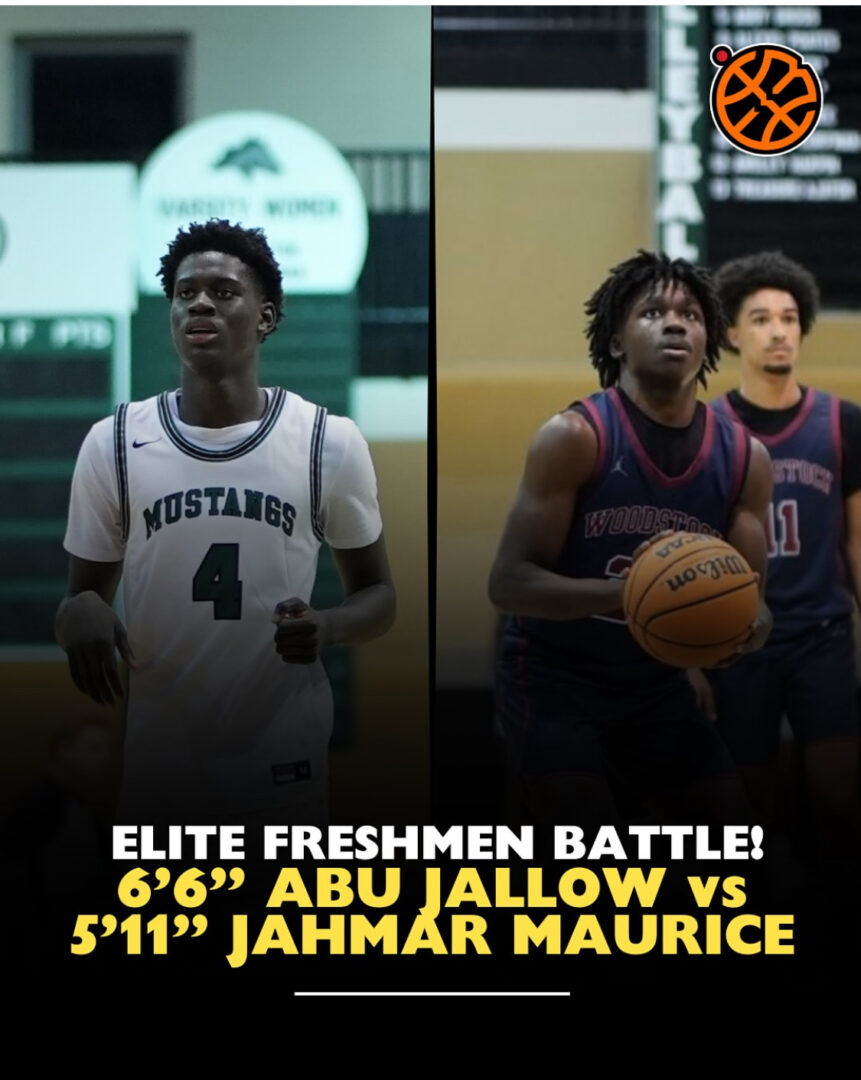 Elite freshmen basketball players compete intensely in a high school battle.