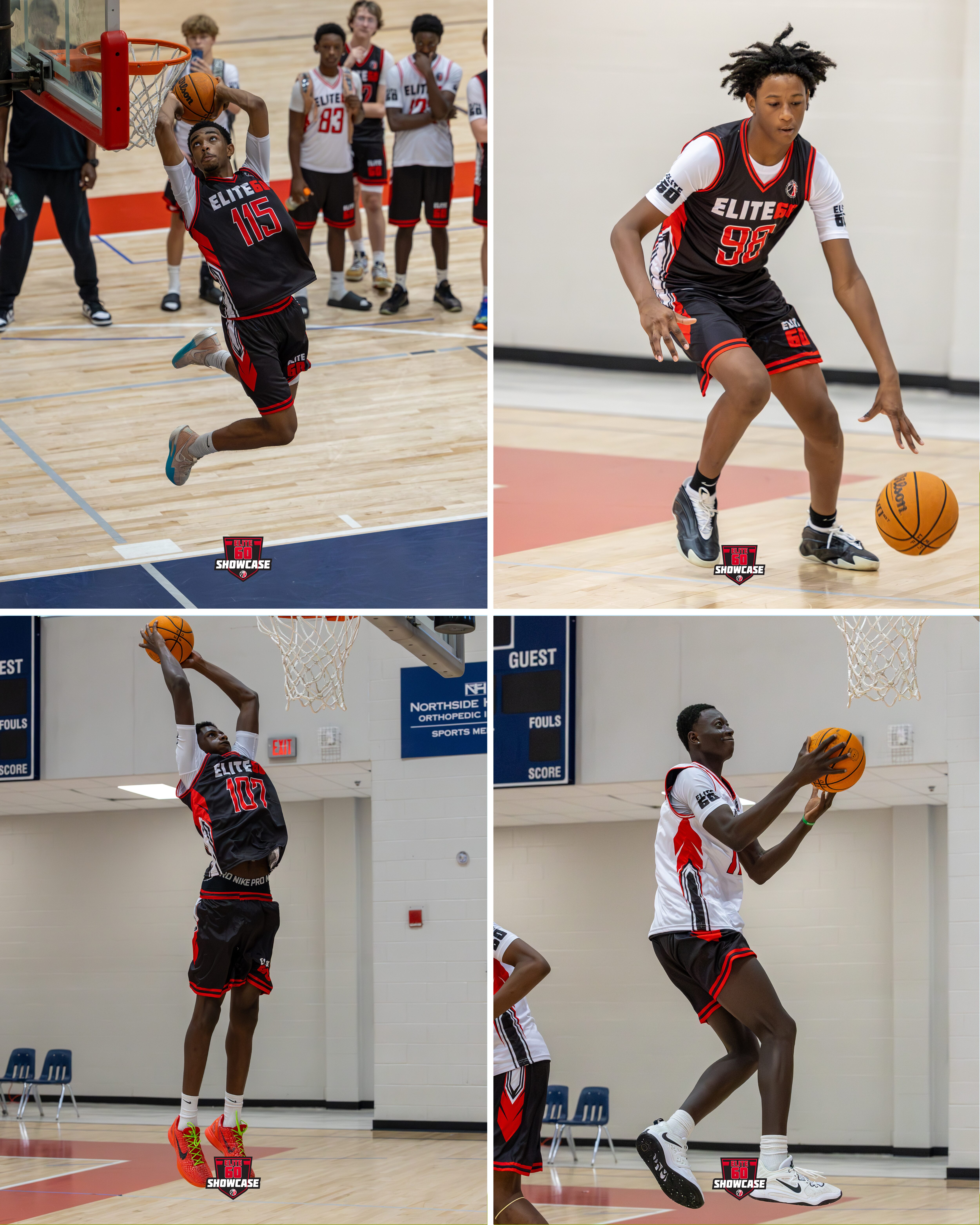 Four images showing a basketball player in action during a game and practice.