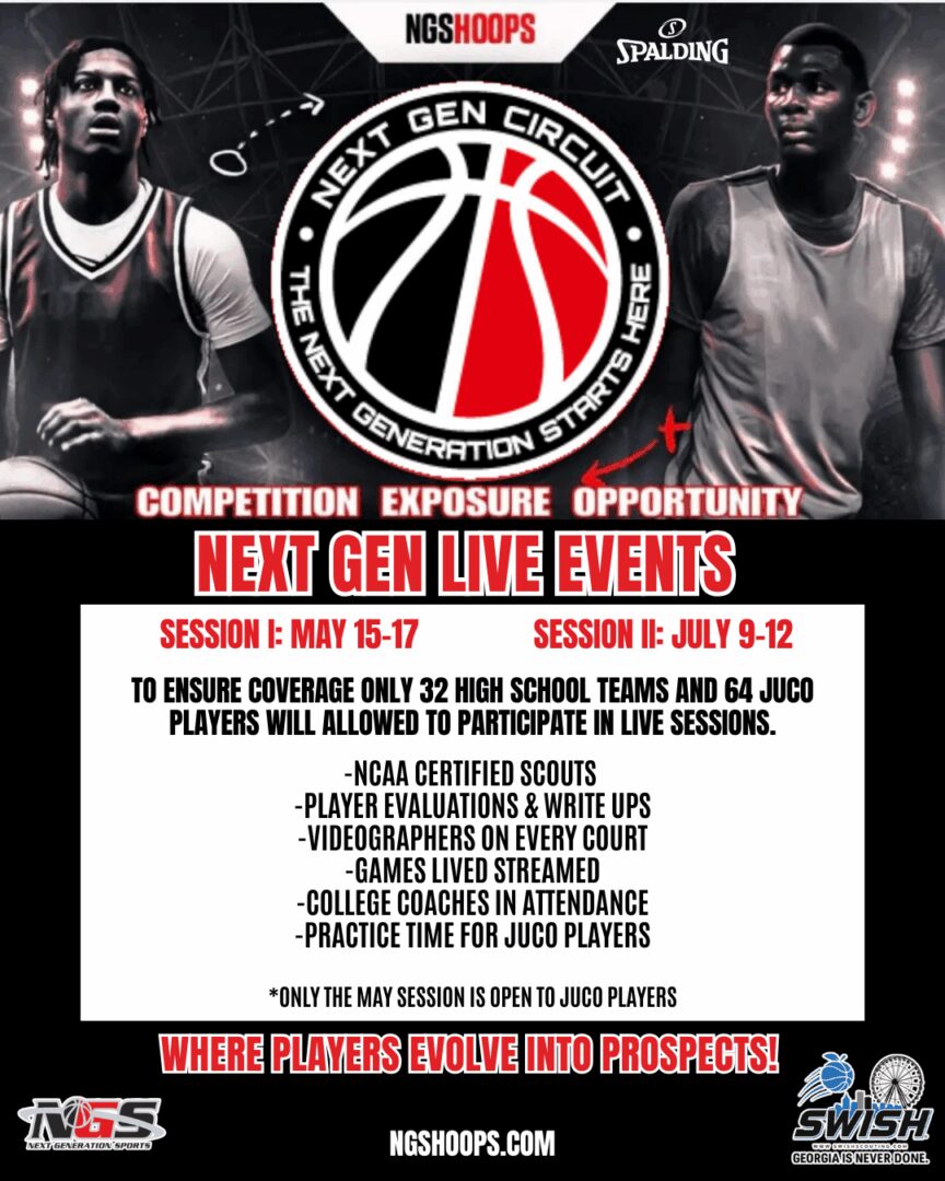 Flyer for Next Gen Live Events basketball competition showcasing opportunity for ages 8-19.