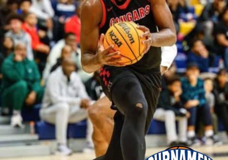 Basketball player dribbling the ball during a game.