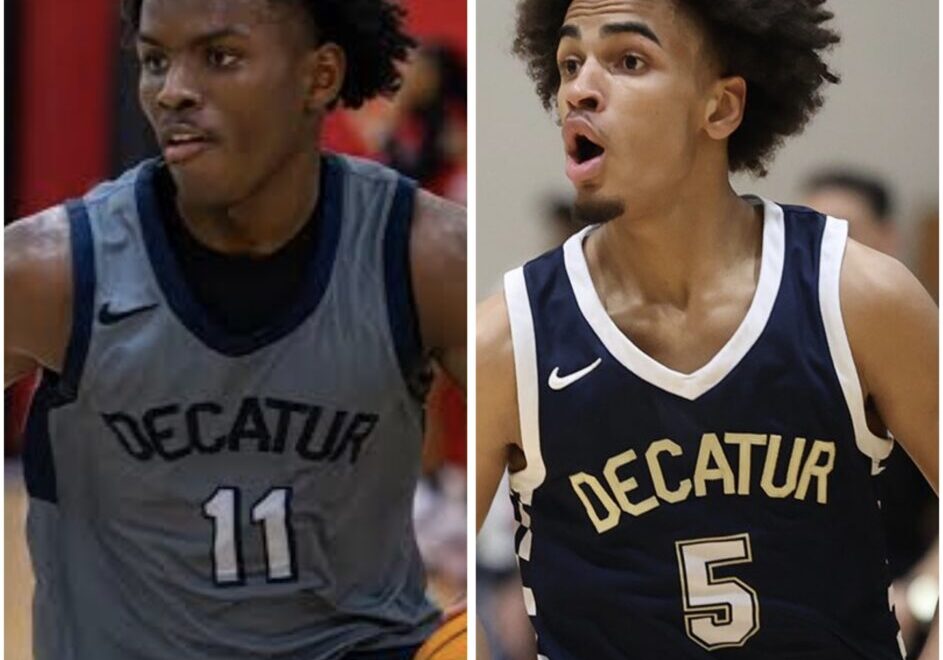 Two basketball players from Decatur in action, wearing jerseys numbered 11 and 5.