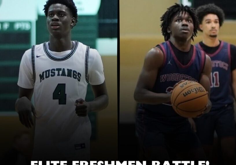 Elite freshmen basketball players compete intensely in a high school battle.